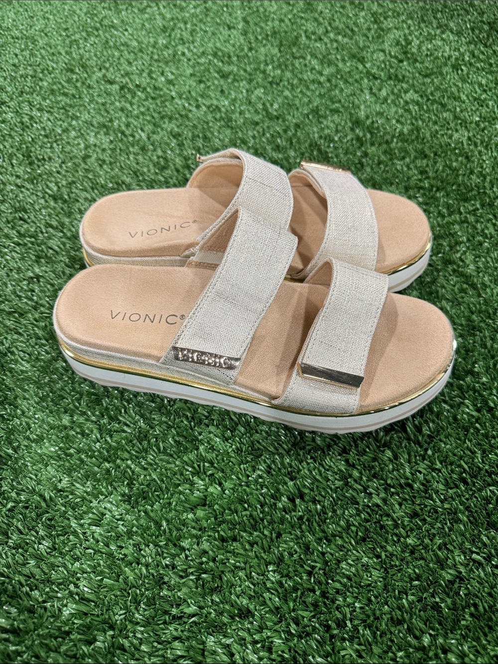 Vionic Women’s Double-Strap Slide Sandals in Light Beige with Gold Accents 7.5
